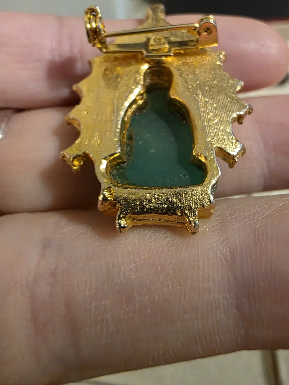 Vintage 1960s Asian Revival Faux Jade Peking Glass Buddha Brooch Pin